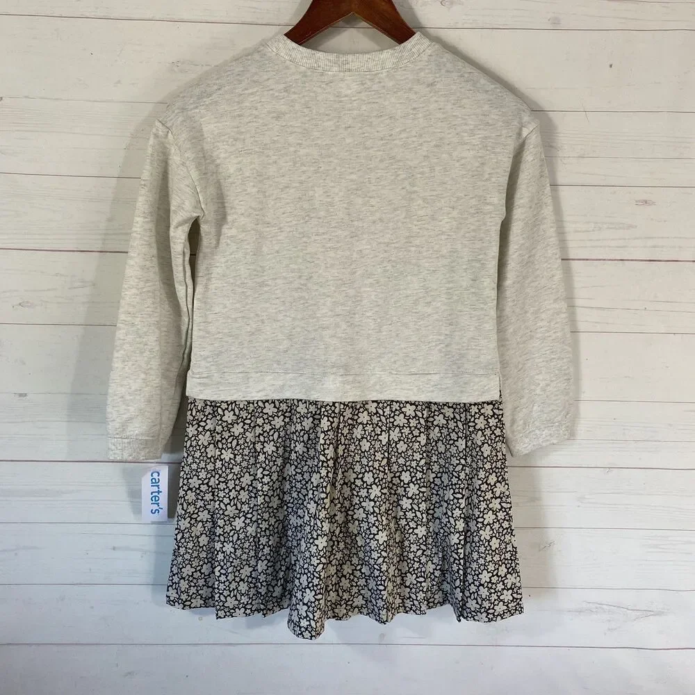 Carters Girls Long Sleeve Dress Size 10 Grey/Beige Floral Pullover Crew Neck New
